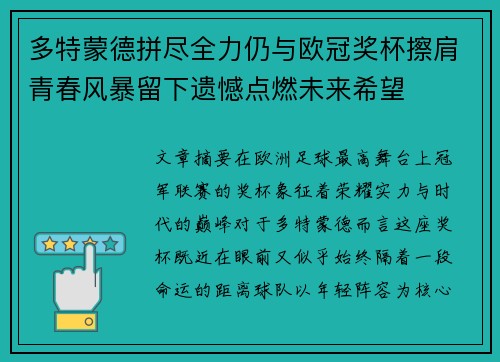 多特蒙德拼尽全力仍与欧冠奖杯擦肩青春风暴留下遗憾点燃未来希望